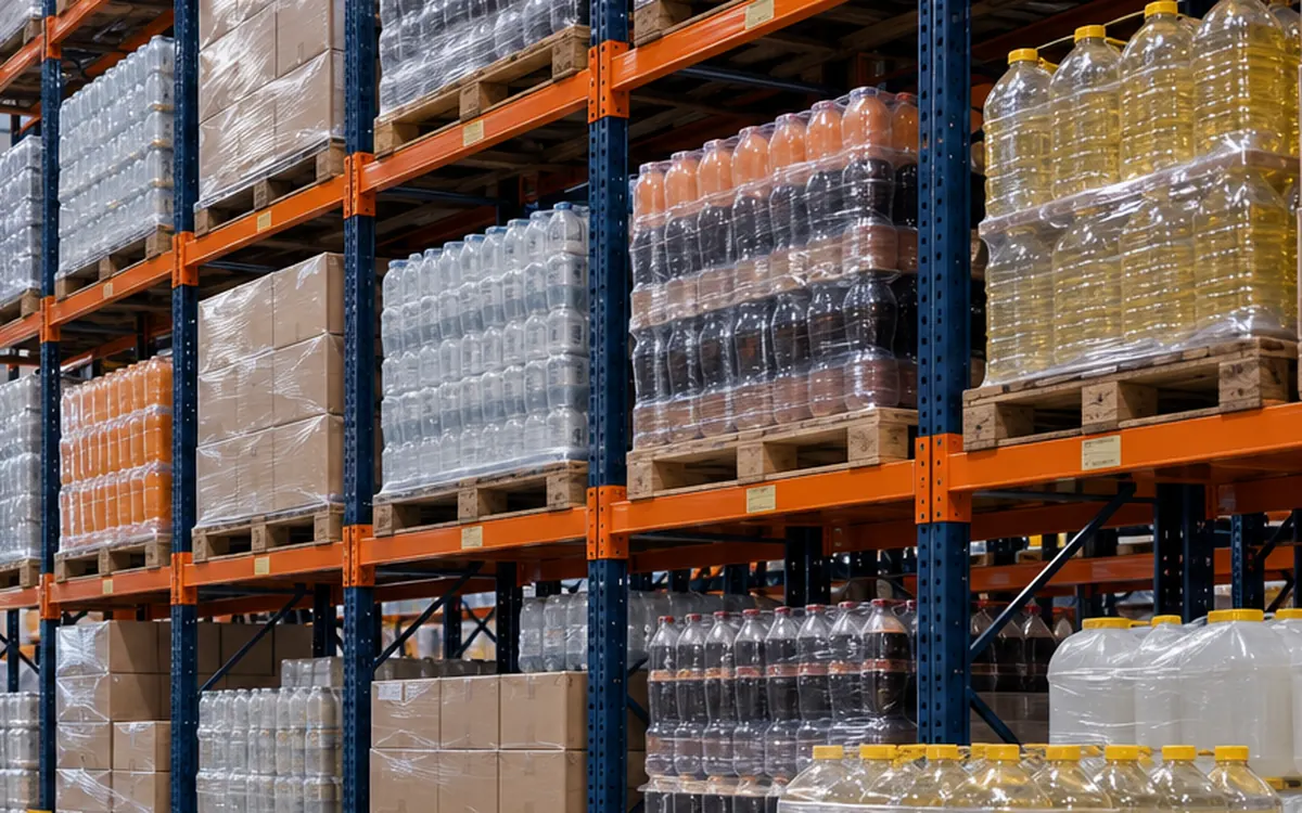 Warehouse racking stocked with wrapped bottled drinks and cooking oil