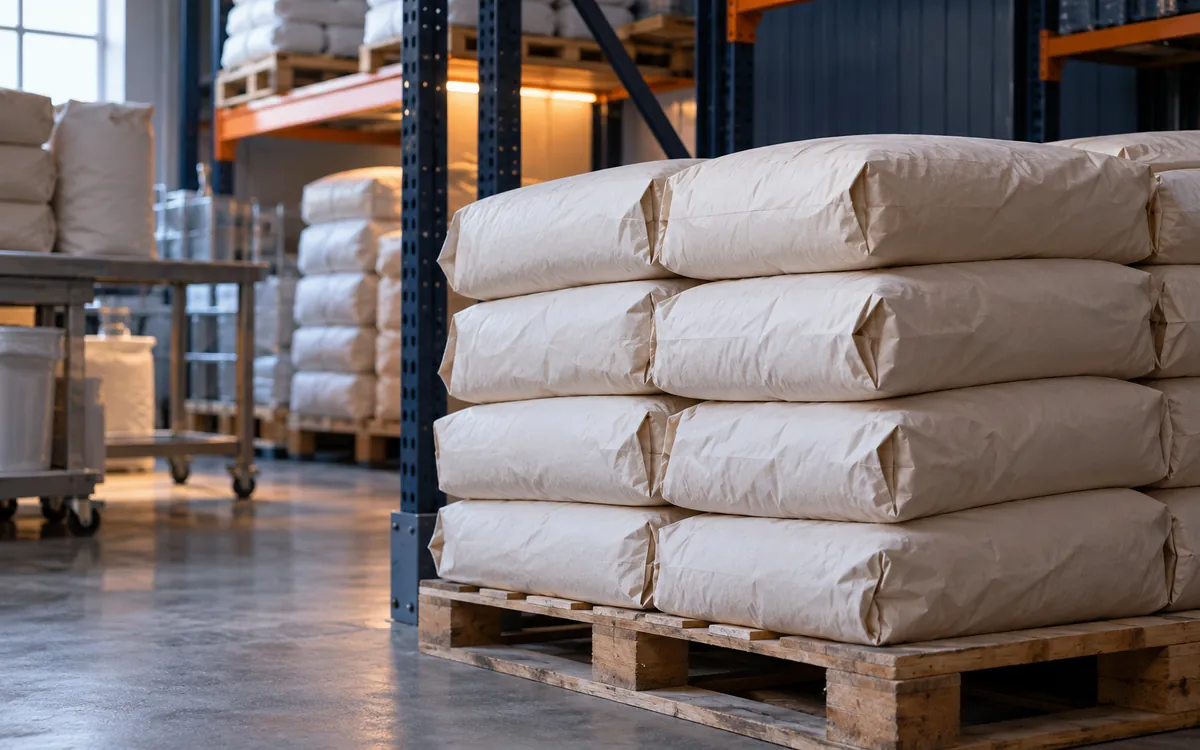 Pallet of stacked paper flour sacks on a clean warehouse floor