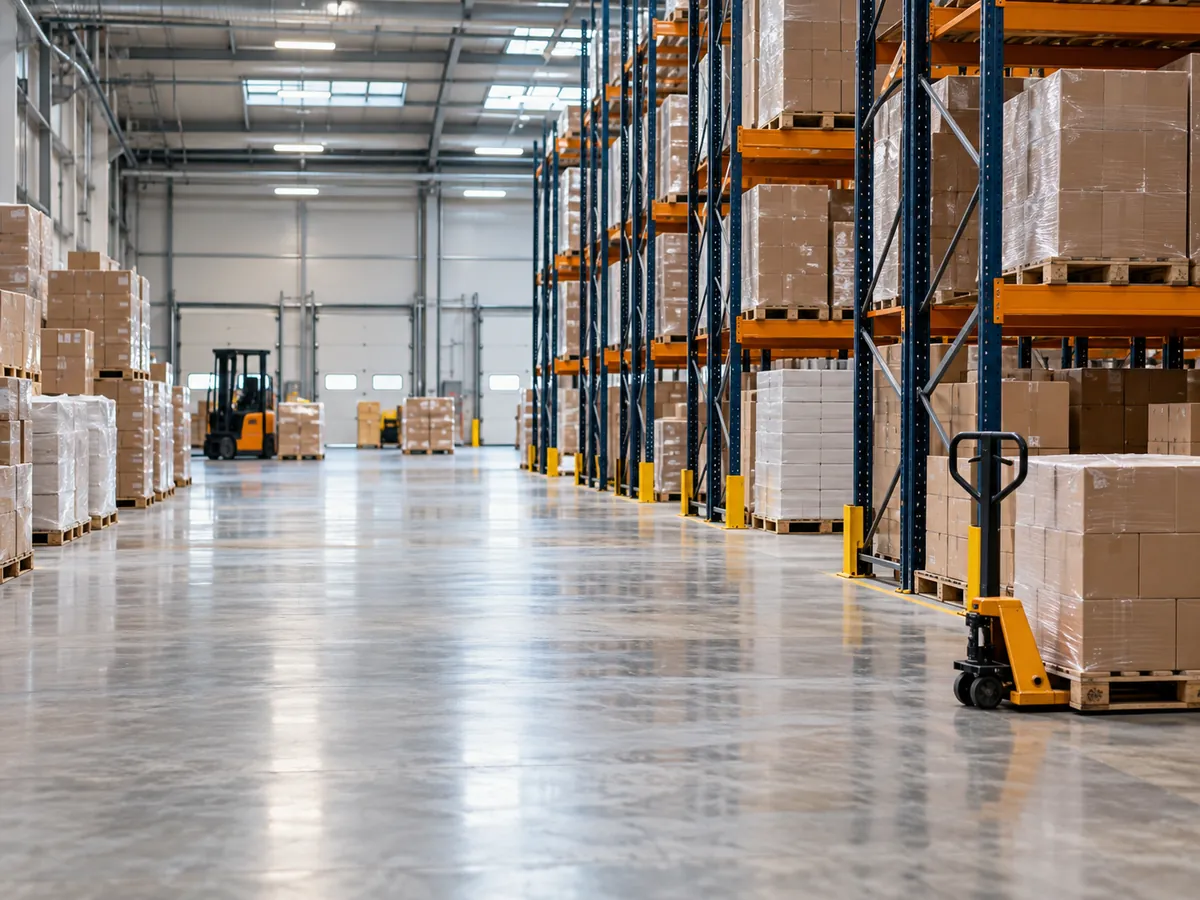 Tidy warehouse aisle with pallet racking and a pallet truck