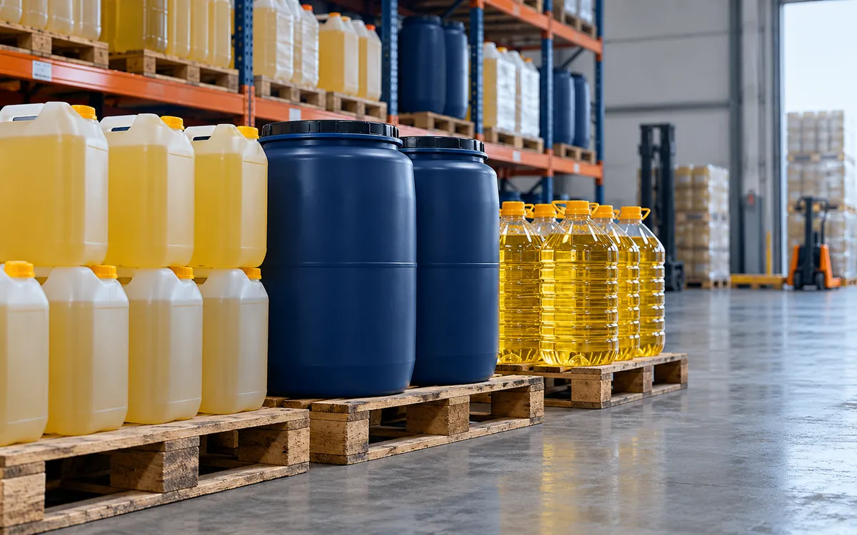 Yellow and blue containers of cooking oil standing on warehouse pallets