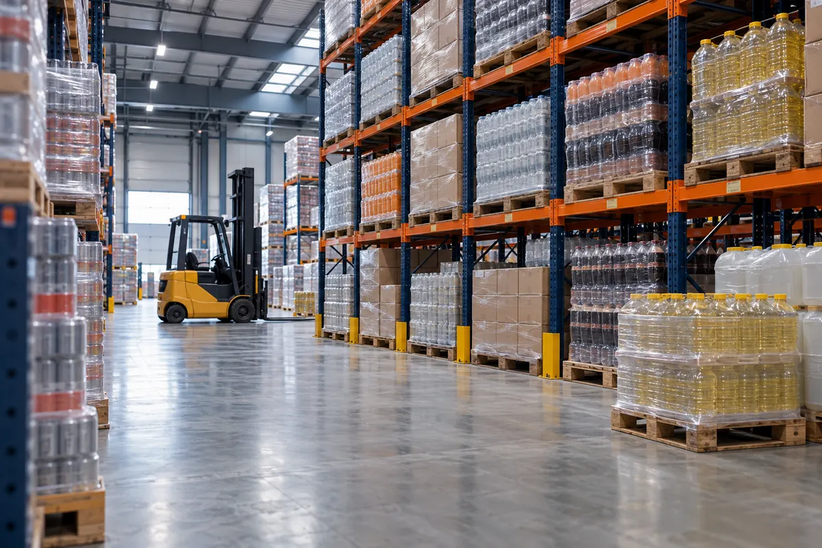 Warehouse aisle with pallet racking and a forklift