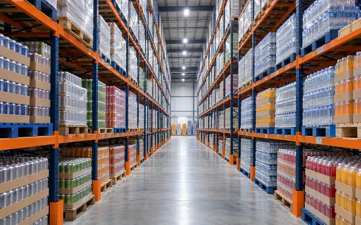 Warehouse aisle with pallet racking stocked with packaged drinks
