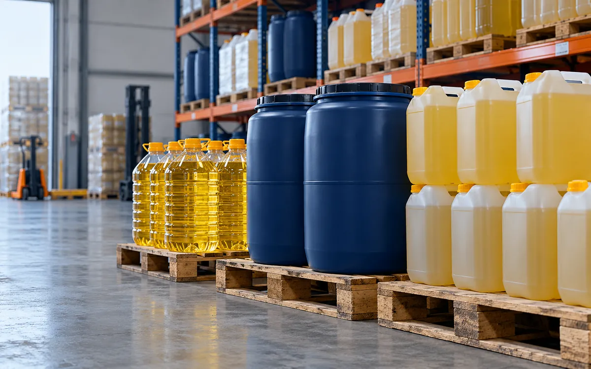 Stacked green cooking oil containers and boxes ready for commercial distribution