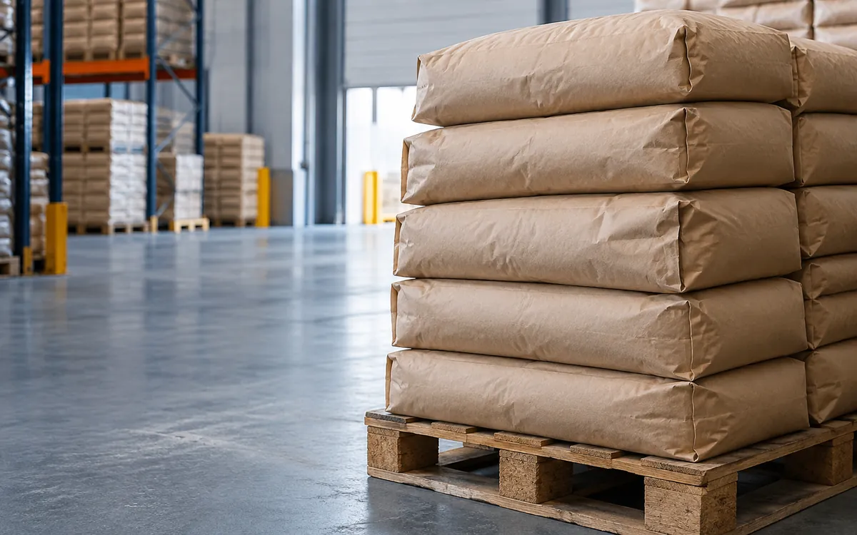 Stack of paper flour sacks on a wooden pallet in a warehouse