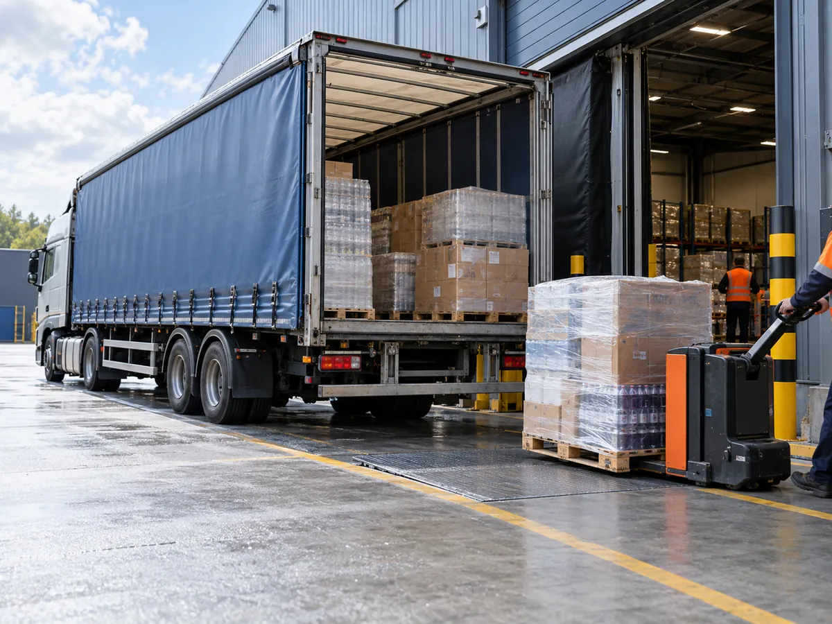 Delivery lorry being loaded with wrapped pallets at a warehouse loading bay